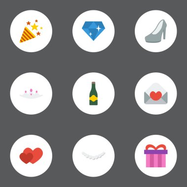 Düz simgeler aksesuarları, kartı, hediye ve diğer vektör öğeleri. Töreni düz simgeler simge kümesi de içerir mektup, Soul, ışıltı nesneleri.