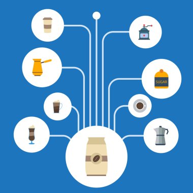 Düz simgeler tatlandırıcı, Latte, tohum Pack ve diğer vektör öğeleri. İçecek düz simgeler simge kümesi de kahve, Mill nesnelere içerir.