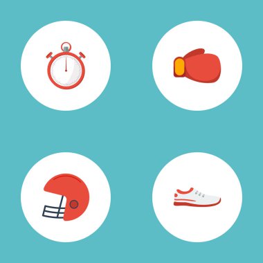 Düz simgeler ayakkabı, ikinci metre, Rugby ve diğer vektör öğeleri. Fitness düz simgeler simge kümesi de Trekking, kronometre, boks nesneleri içerir.