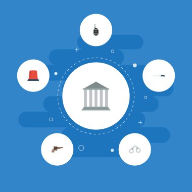 Düz simgeler bina, tabanca, süngü ve diğer vektör öğeleri. Suç düz simgeler simge kümesi de içerir Talkie, mahkeme, mobil nesneler.