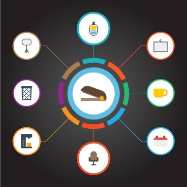 Düz simgeler koltuk, Zımba, kimlik ve diğer vektör öğeleri. Büro düz simgeler simge kümesi de koltuk, Kupası, yönetim kurulu nesneleri içerir.