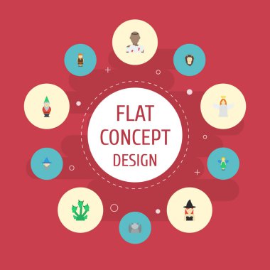 Uçuş, Gnome, büyü ve diğer vektör öğeleri düz simgeler. Karakter düz simgeler simge kümesi de içerir Illusionist, Elf, Cadılar Bayramı nesneleri.