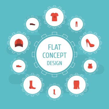 Düz simgeler Topuklu ayakkabı, erkek ayakkabı, bot ve diğer vektör öğeleri. Giysi düz simgeler simge kümesi de rahat, bluz, beyzbol nesneleri içerir.