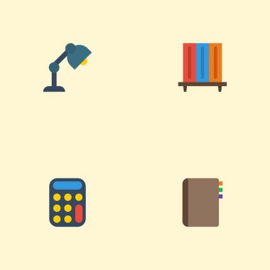 Düz simgeler masası ışık, iletişim, kitapçı ve diğer vektör öğeleri. Ayrıca hesap makinesi, lamba, bağlantı nesnelerini içeren küme çalışma alanı düz simgeleri simgeleri.