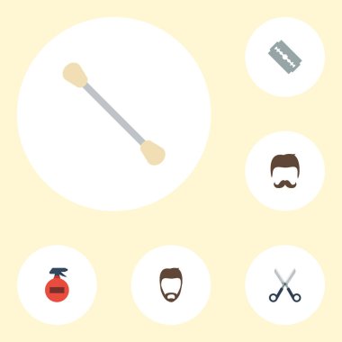 Düz simgeler pamuk tomurcukları, saç, bıyık ve diğer vektör öğeleri. Berber düz simgeler simge kümesi de içerir ustura, makas, kesici nesneler.