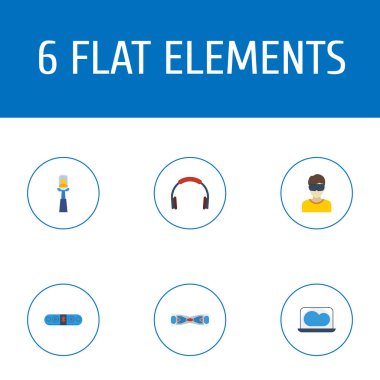 Düz simgeler Bluetooth hoparlör, kulaklık, Hoverboard ve diğer vektör öğeleri. Trendy düz simgeler simge kümesi de içerir Segway, gerçeklik, Bluetooth nesneleri.