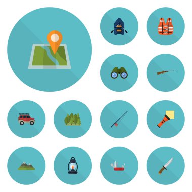 Düz simgeler gemi, Zoom, Suv ve diğer vektör öğeleri. Kamp düz simgeler simge kümesi de Zoom, Hill, cam objeler içerir.