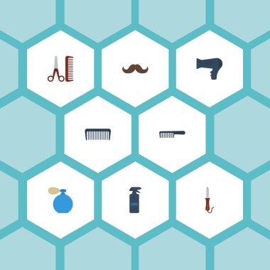 Düz simgeler saç kurutma, Deodorant, saç spreyi ve diğer vektör öğeleri. Ayrıca tarak, darbe, saç kurutma makinesi nesneleri içeren küme Dükkanı düz simgeleri simgeleri.