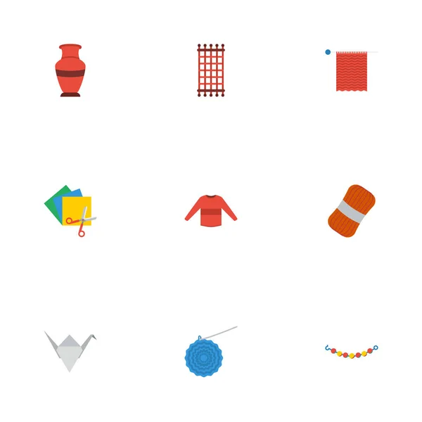 Kerámia lapos ikonok, kézimunka, gyapjú és egyéb vektoros elemek. Kézzel készített lapos ikonok szimbólumok is tartalmaz pulóver, gombolyag, színes tárgyak. — Stock Vector