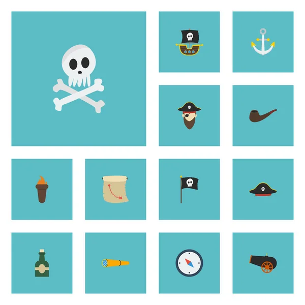 Ícones planos Corsair, Banner, Mapa do Tesouro e outros elementos vetoriais. Conjunto de símbolos de ícones planos piratas também inclui garrafa, armadura, objetos de rum . —  Vetores de Stock