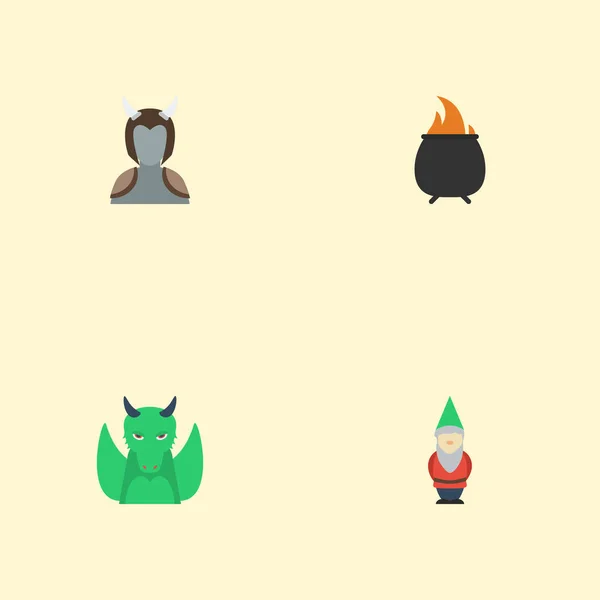 Vlakke pictogrammen Gnome, hel, dinosaurus en andere Vector elementen. Set van plat pictogrammen tekensymbolen bevat ook Inferno, dinosaurus, Orc objecten. — Stockvector