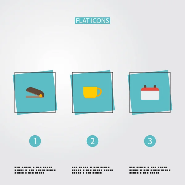 Icônes plates thé, date, poinçon et autres éléments vectoriels. Ensemble de symboles d'icônes plates de bureau comprend également agrafeuse, tasse, objets de thé . — Image vectorielle
