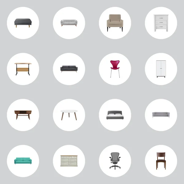 Sillón de jefe realista, armario, silla y otros elementos vectoriales. El sistema de símbolos realistas de los muebles también incluye inodoro, colchón, objetos de oficina . — Archivo Imágenes Vectoriales