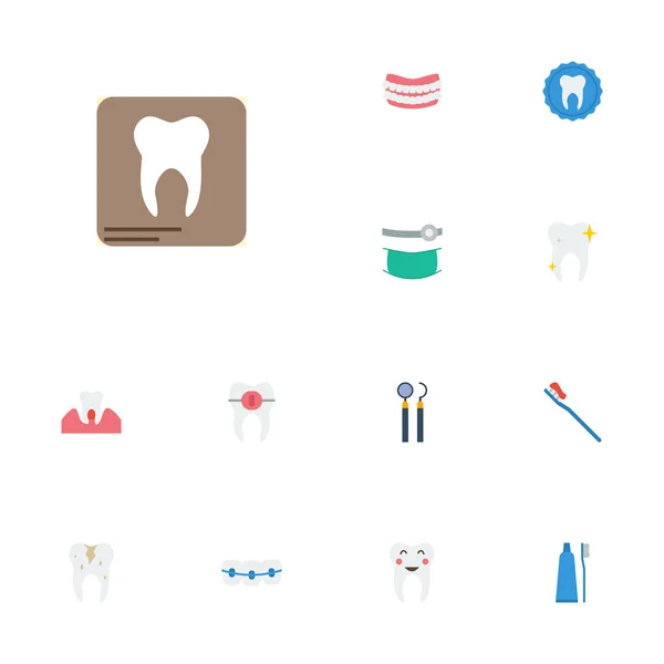 Ícones planos Estomatologia, escova de dentes, dentes artificiais e outros elementos vetoriais. Conjunto de símbolos de ícones planos dentários também inclui objetos dentários, saudáveis e de cuidados de saúde . —  Vetores de Stock