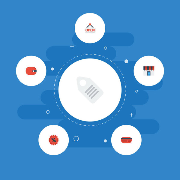 Метка плоских икон, кошелек, оплата и другие векторные элементы. Набор иконок магазина Flat Icons также включает кошелек, открытие, денежные объекты
.