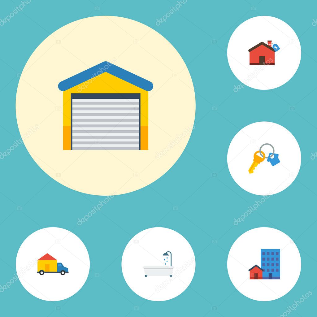 Flat Icons Depot, Hypothec, Truck And Other Vector Elements. Set Of Immovable Flat Icons Symbols Also Includes Bathtub, Depot, Building Objects.