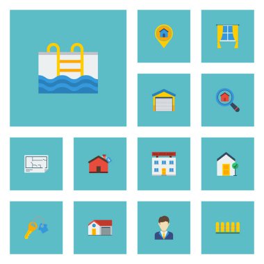 Düz simgeler depo, ev, Blueprint ve diğer vektör öğeleri. Taşınmaz düz simgeler simge kümesi de Havuzu, çit, arama nesneleri içerir.