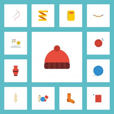 Düz simgeler Dükkanı, metre, Skein ve diğer vektör öğeleri. El sanatları düz simgeler simge kümesi de içerir günlüğü, takı, el yapımı nesneler.