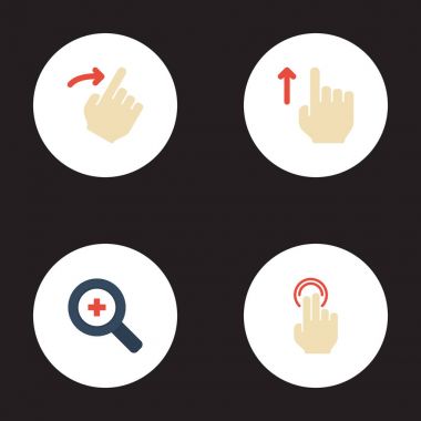 Düz simgeler Büyüteç, slayt, çift tıklama ve diğer vektör öğeleri. Hareketleri de düz simgeleri simgeleri içerir kümesi dokunun, çift, Büyüteç'i nesneler.