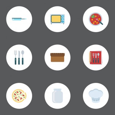 Düz simgeler cam kap, Chef şapka, gümüş ve diğer vektör öğeleri. Gastronomi düz simgeler simge kümesi de içerir konteyner, pizzacı, tava nesneleri.