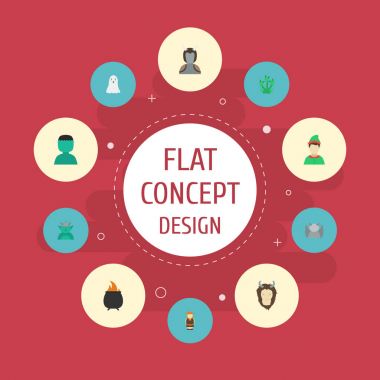 Düz simgeleri Avatar, cin, şeytan ve diğer vektör öğeleri. Ayrıca Halloween, yılan, dev nesneleri içeren küme karakter düz simgeleri simgeleri.