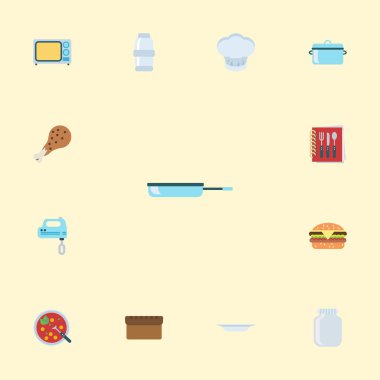 Düz simgeler baharat, ekmek, kızarmış tavuk ve diğer vektör öğeleri. Düz simgeleri simgeleri pişirme seti de üniforma, şapka, bacak nesneleri içerir.