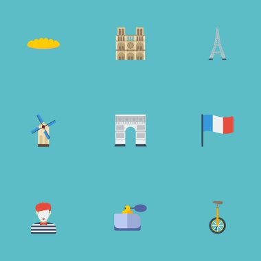 Düz simgeler pandomim, katedral, kule ve diğer vektör öğeleri. Fransa düz simgeler simge kümesi de içerir parfümeri, bayrak, somun nesneleri.