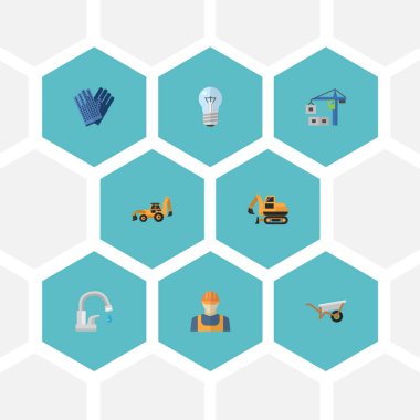 Düz simgeler traktör, Mitten, Yükaldırma makine ve diğer vektör öğeleri. Sanayi düz simgeler simge kümesi de ışık, kaldırma, Builder nesneleri içerir.