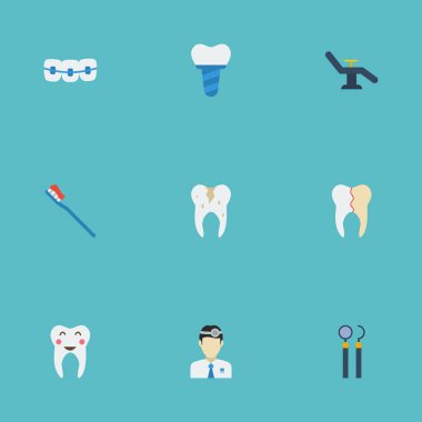 Düz simgeler diş, tedavi, ortodontist ve diğer vektör öğeleri. Diş düz simgeler simge kümesi de hijyen, diş, sandalye nesneleri içerir.