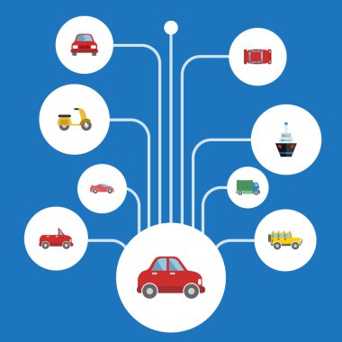 Düz simgeler Scooter, Jeep, lüks Oto ve diğer vektör öğeleri. Araç düz simgeler simge kümesi de Suv, otomobil, araç nesneleri içerir.