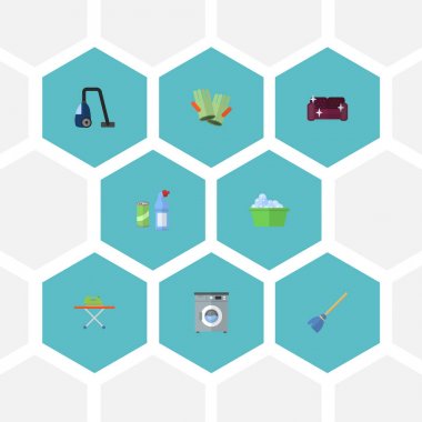 Düz simgeler Sweeper, Besom, Çamaşırhane ve diğer vektör öğeleri. Düz simgeleri simgeleri temizlik seti de Besom, bez, süpürmek nesneleri içerir.