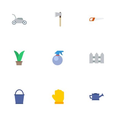 Düz simgeler bitki, demir testeresi, çim biçme makinesi ve diğer vektör öğeleri. Bahçe düz simgeler simge kümesi de çim biçme makinesi, lateks, Herb nesneleri içerir.