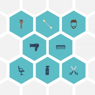 Düz simgeler saç kurutma, dirsek sandalye, tarak ve diğer vektör öğeleri. Kuaför düz simgeler simge kümesi de içerir boyama, berber, tarak nesneleri.