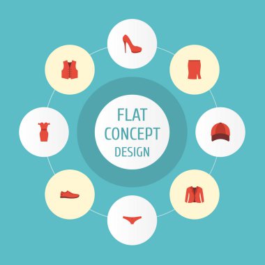 Düz simgeler lastikbotlar, giyim, ceket ve diğer vektör öğeleri. Giysi düz simgeler simge kümesi de yelek, Ayakkabı, şapka nesneleri içerir.