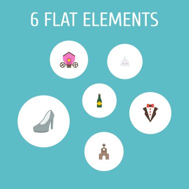 Düz simgeler damat elbise, Bina, savaş arabası ve diğer vektör öğeleri. Evlilik düz simgeler simge kümesi de içerir Brougham, sandalet, Fizz nesneleri.