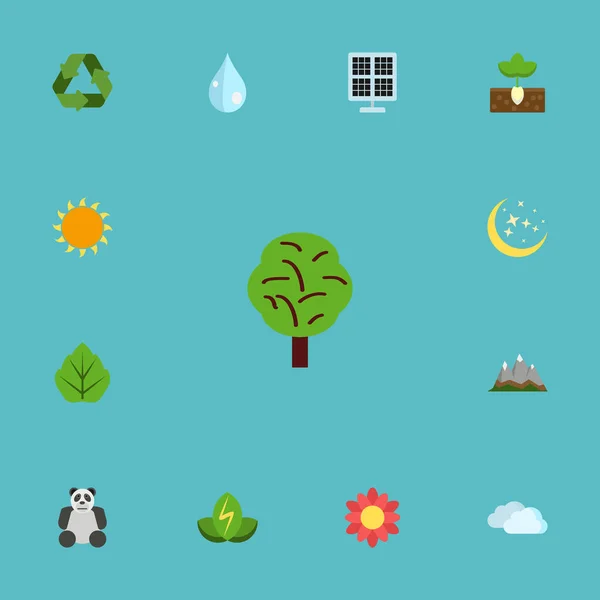 Flat Icons Sun Power, Water, Sky And Other Vector Elements. Set Of Green Flat Icons Symbols Also Includes Peak, Sun, Leaf Objects. — Stock Vector