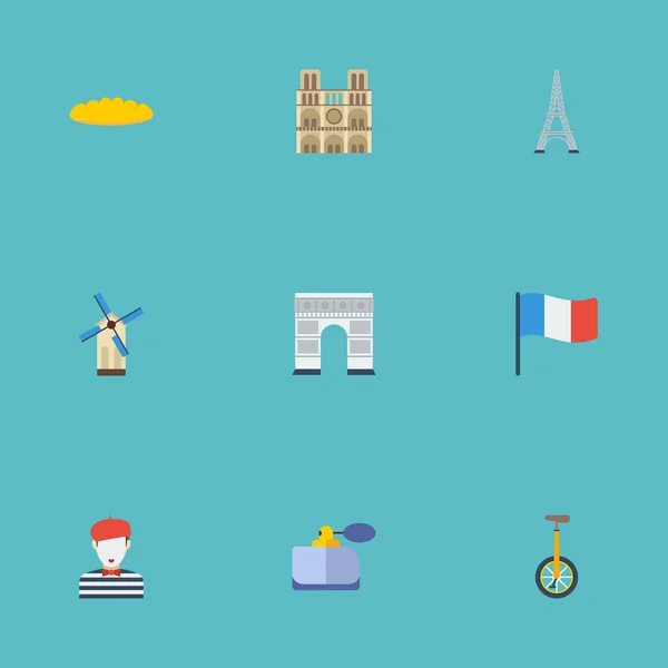 Lapos ikonok pantomim, a katedrális, a torony és a más vektorgrafikus elemek. Franciaország lapos ikonok szimbólumok is tartalmaz illatszer, zászló, kenyeret objektumok. — Stock Vector