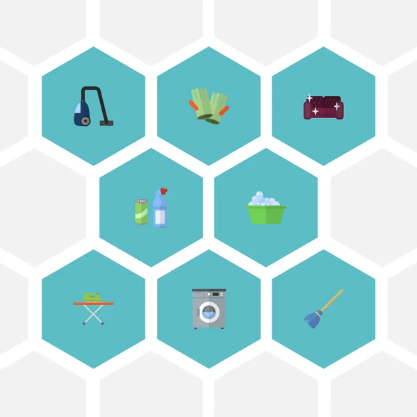 Flat Icons Sweeper, Besom, Laundry and Other Vector Elements (dalam bahasa Inggris). Set Of Cleaning Flat Icons Symbols Also Includes Besom, Washcloth, Sweeper Objects . - Stok Vektor