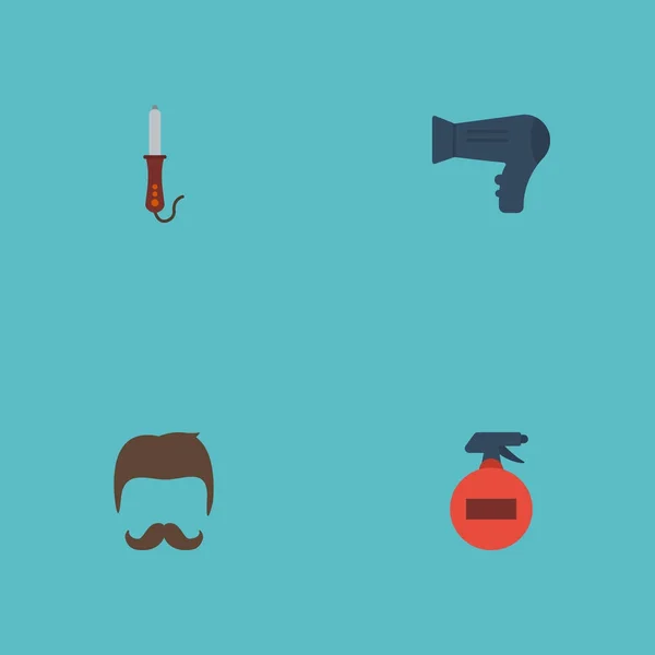 Flat Icons Spray, Blow-Dryer, Moustache and Other Vector Elements. Набор символов парикмахерской с плоскими иконками также включает в себя мистер, фен, предметы для кёрлинга . — стоковый вектор