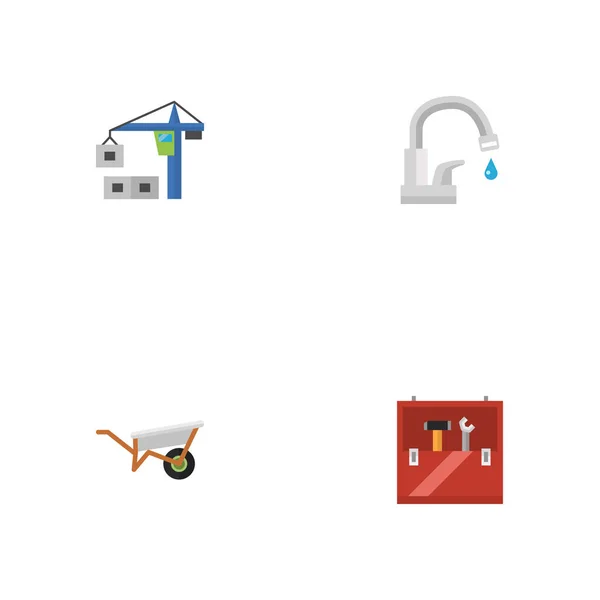 Lapos ikonok csaptelep, szerszám, kézi kocsi vektor elemek. Építési lapos ikonok szimbólumok is tartalmaz Toolbox, talicska, emelési objektumok. — Stock Vector