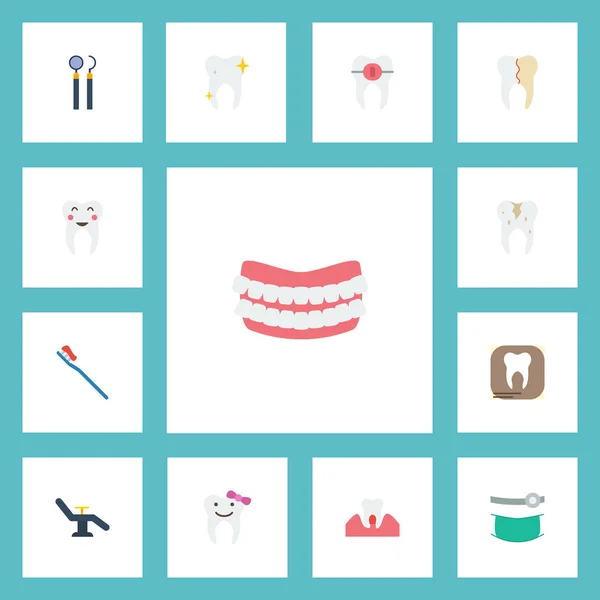 Flache Icons Klammern, Verfall, Hygiene und andere Vektorelemente. Satz von Zahn flache Symbole Symbole enthält auch künstliche, zahnärztliche, Behandlungsobjekte. — Stockvektor