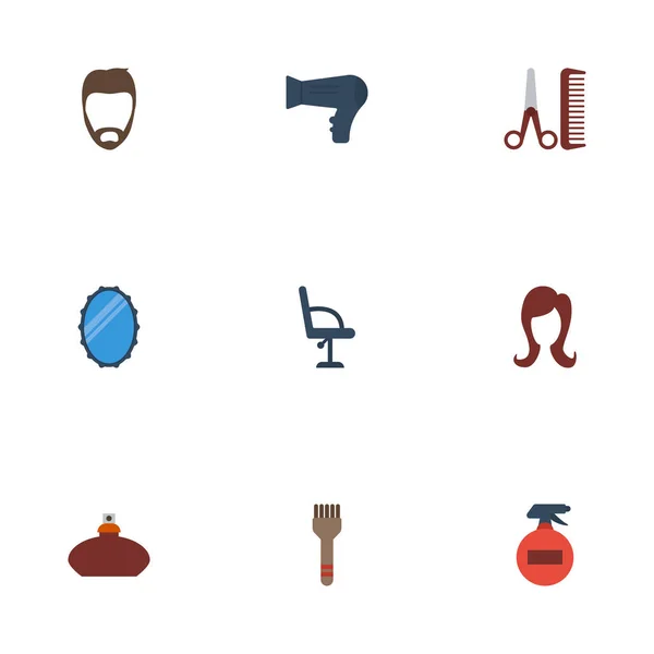 Плоский ікони щетиною, Локоть стілець, фен та інші векторні елементів. Набір Барбер плоских іконки символи також включає в себе пляшку, перукарні, борода об'єктів. — стоковий вектор