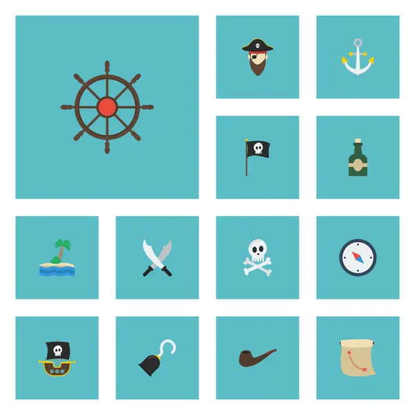 Ícones planos Banner, volante do navio, garrafa e outros elementos vetoriais. Conjunto de símbolos de ícones planos piratas também inclui fumar, navio, objetos de crânio . —  Vetores de Stock