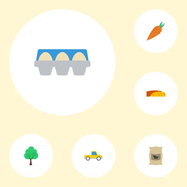 Iconos planos Campo, Recogida, Bandeja de huevos y otros elementos vectoriales. Conjunto de símbolos de iconos planos de cosecha también incluye madera, saco, objetos de árboles . — Vector de stock