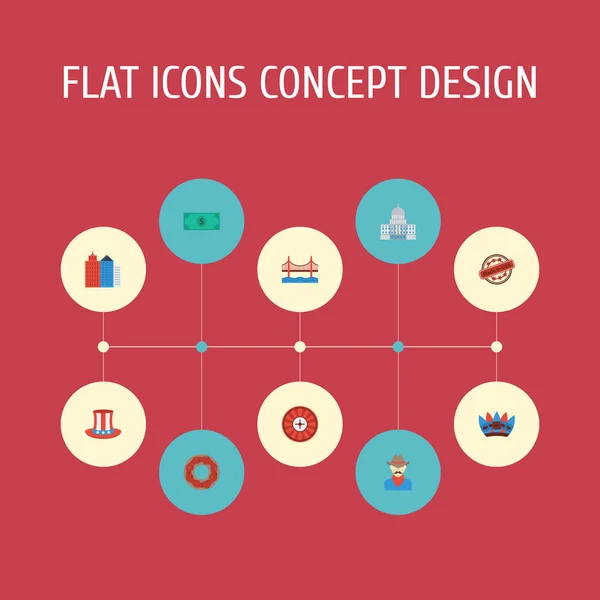 Platt ikoner Western, indiska maskot, stämpel och andra Vector-element. Uppsättning av Usa platt ikoner symboler innehåller också gjort, Western, glaserade föremål. — Stock vektor