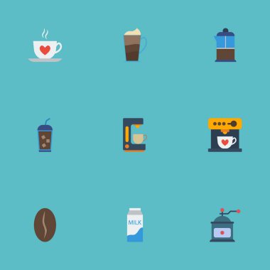 Düz simgeler kahve makinesi, kağıt kutusu, Latte ve diğer vektör öğeleri. İçki düz simgeler simge kümesi de Dağıtıcı, süt, Mill nesneleri içerir.