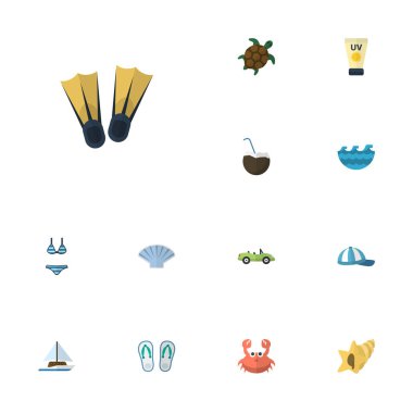 Düz simgeler Yüzme, kabuk, Anti-güneş kremi ve diğer vektör öğeleri. Beach düz simgeler simge kümesi de içerir ıstakoz, krem, dalgalar nesneleri.