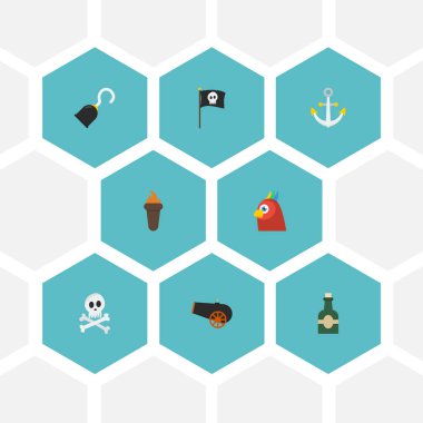 Düz simgeler alev, kafatası, şişe ve diğer vektör öğeleri. Korsanlık düz simgeler simge kümesi de yangın, çapa, el nesneleri içerir.