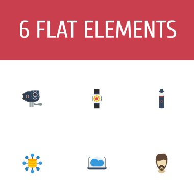 Düz simgeler kamera, depolama, elektron sigara ve diğer vektör öğeleri. Trend düz simgeler simge kümesi de Vape, kol saati, sakal nesneleri içerir.