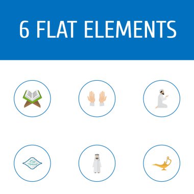 Düz simgeler Palm, Arapça hat, cin ve diğer vektör öğeleri. Tatil düz simgeleri simgeleri de içerir Eid, dua, Namaz nesneleri kümesi.